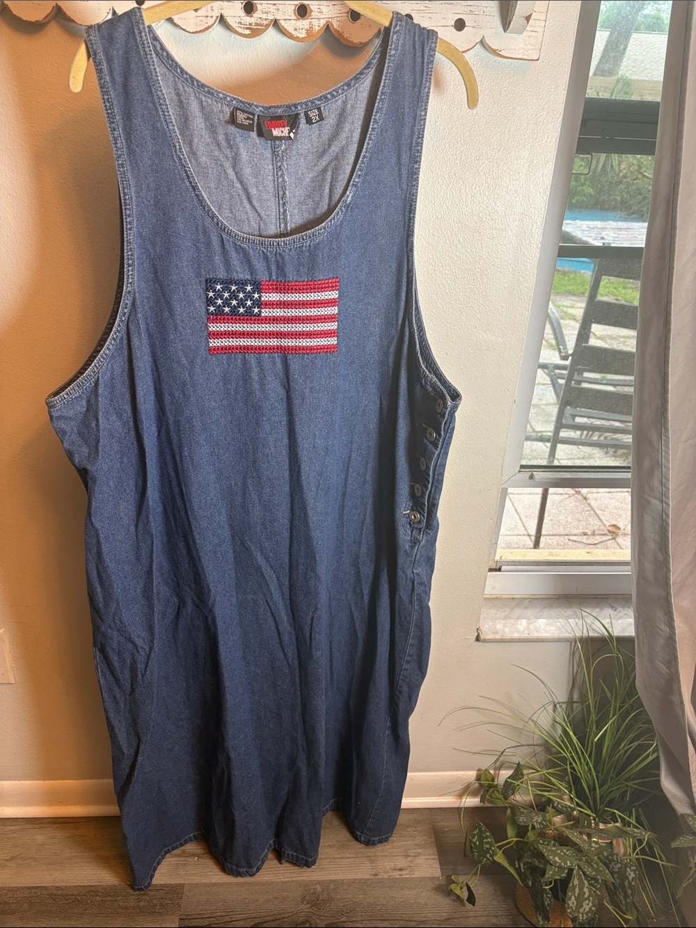 Lindsey Michelle Blue Denim Tank with Embroidered American Flag